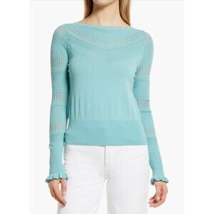 Halogen Teal Pointelle Boatneck Sweater XS Lightweight Knit Top